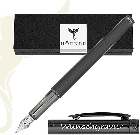 Hörner Levio - Hochwertiger Füllfederhalter mit Gravur I Tinte in Schwarz I Premium Geschenkbox I Luxus Design I Edel Feder „Made in Germany“ I Attraktiver Stift für Herren und Damen I Aus Metall
