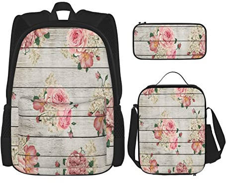 Juego de 3 mochilas de rosas sobre tabla de madera rústica, vintage, floral, acuarela, retro, rural, granja, bolsa de libros, viaje, trabajo, escuela, bolsa de lápices, bolsa de almuerzo, combinació