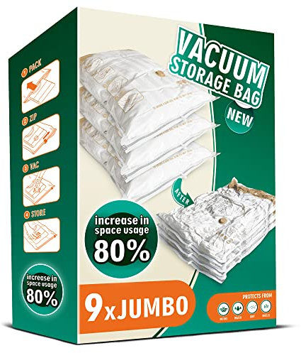 Storage Master Space Saver Bags for Travel and Home Reusable Vacuum Storage Bags Save 80% More Storage Space Work with Vacuum Cleaner (9 Jumbo, No Pump Included)