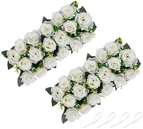 NUPTIO Artificial Flower Centrepieces for Tables - 2 Pcs White Flowers 50cm Long Fake Silk Floral Roses Arrangements for Wedding Party Table Runner Dining Living Room Mantle Centerpiece Decorations