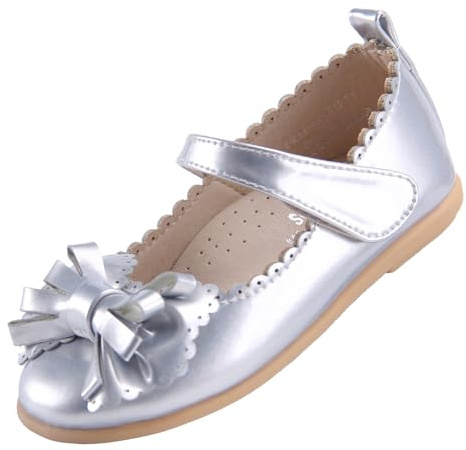 EIGHT KM Scarpe da Bambina Piccola Mary Jane Principessa da Sposa Ballerine EKM7063 Fiocco in Pelle Verniciata Argento Taglia EU 30