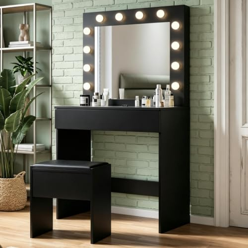 SUNXURY Schminktisch mit Stuhl und Schubladen B80xT40xH140cm Schwarz | mit Umlaufendes Hollywood-Glühbirnen, 3 einstellbare Lichtfarben, Aufbewahrungs- und Schminktisch für das Damen-Schlafzimmer
