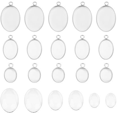 UNICRAFTALE 30 Sets Ovaler Cabochon Anhänger 304 Edelstahl Anhänger Tabletts Mit Leerer Lünette Mit Ovalen Glas Cabochons Lünetten Rohlinge Tablett Für Herstellung Foto Anhängern Basteln Schmuck