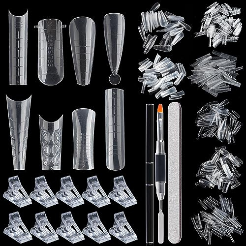 Dual Nail Form Kit, 480pcs Dual Forms for Polygel Stiletto Coffin Ballerina Extension Forms 10pcs Clear Clips With Gel Brush Pen Nails Files Buffer Nail Extension Kit for Beginner