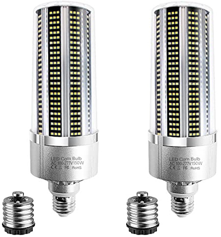 RYTM (2-Pack) LED Corn Light Bulb 150W 19500LM,E26/E27 Base,with E40 Mogul Base Adapter,Large Area LED Bulbs for Indoor & Outdoor Garage, Warehouse,High Bay Lighting (6500k)