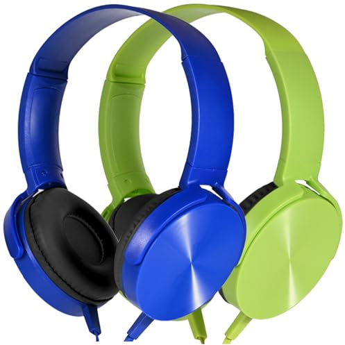 Wensdo Kids Headphones 2 Pack for School Classroom Students, Durable Comfy Swivel Wired Headset for Online Learning, Noise Stereo Sound 3.5mm Jack for Chromebook, Computer, Laptop(Dark Blue+Green)