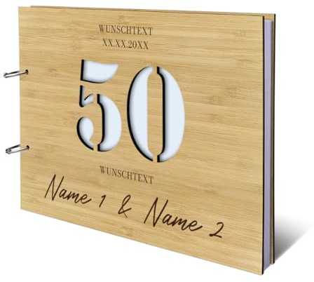 Personalisiertes Goldhochzeit Gästebuch aus echtem Holz selbst gestalten - 50 Jahre Stanze - mit 72 Blatt / 144 Seiten Naturpapier Weiß