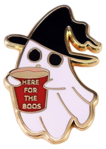 Broche fantôme mignon en émail Here For The Boos - Broche fantôme blanc - Épinglette mignonne pour femme et homme - Pour veste en jean - Cadeau pour veste et sac à dos, Métal
