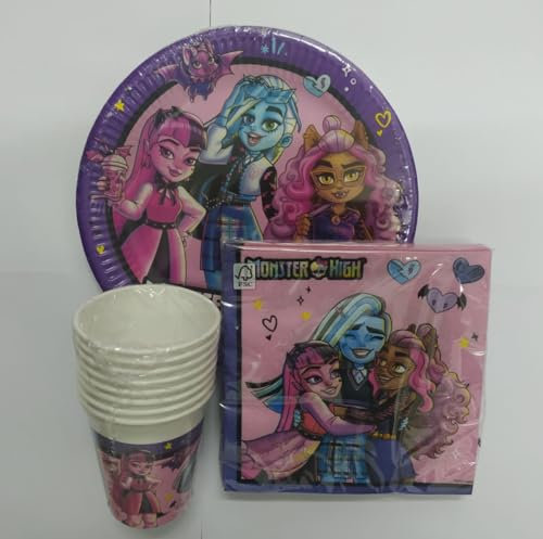 Lote de Vajillas Juveniles Monster High (16 Vasos, 16 Platos (23 cm) y 20 Servilletas) .Detalles y Decoración para Fiestas de Cumpleaños, Halloween, Bodas, Bautizos, Comuniones. AB