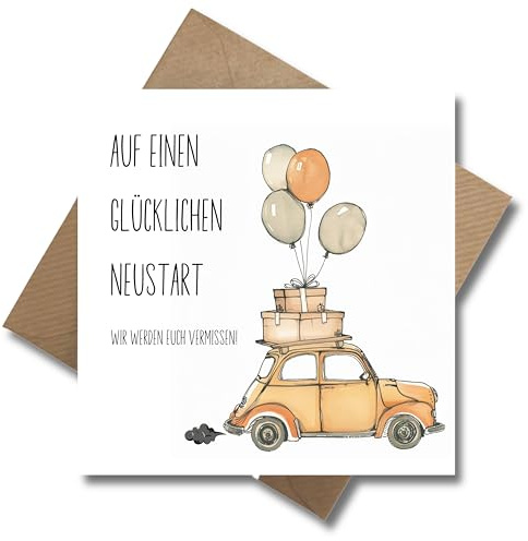 WBdesignz Abschiedskarte „Auf einen glücklichen Neustart“ mit Umschlag - quadratische Karte mit Auto, Koffern & Ballons – liebevoller Abschiedsgruß für Kollegen, Freunde oder Umzug(125 x 125 mm)