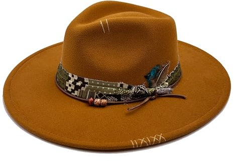 Wotfim Klassischer Fedora-Hut mit breiter Krempe, für Damen, Herren, Schlapphut, Panamahut, Westernhut, Filz, Outdoor-Hut mit Band, Sonnenschutz, Orange/Abendrot im Zickzackmuster (Sunset Chevron), M