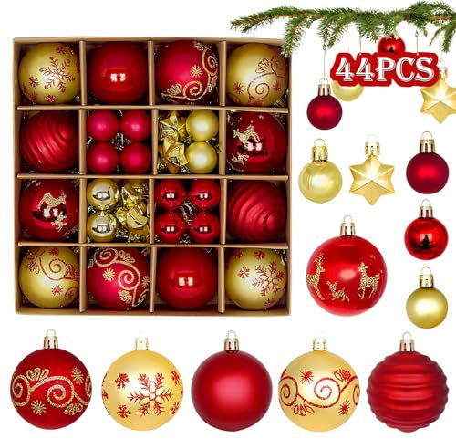 Weihnachtskugeln Rot Gold Weihnachtsbaumkugeln Set,44Pcs Christbaumkugeln Kunststoff Bruchsicher – Ø 6/3cm Weihnachtsbaum Deko Bälle Weihnachten Weihnachtskugeln Kunststoff