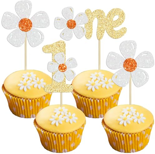 Gyufise 24pc Daisy One Cupcake Toppers - Yellow & White - 1st Birthday, Baby Shower & Bridal Shower - Cake Decorations