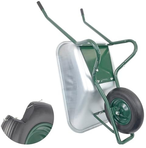 Matrix Schubkarre Profi 100l Liter 250 kg mit zusätzlichem Bodenblech pannensichers PU-Rad Schubkarren groß Garten Scheibtruhe Bauschubkarre | Mulde verzinkt | Metall Felge mit Kugellager | Farbe grün