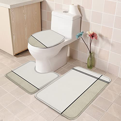 U-Förmiger Teppich Abstrakte Geometrische Kunst Beige Farbblock Schwarz Streifen Vintage Leinen Wc Vorleger Set 3 Teilig rutschfeste Badezimmer Vorleger 3-Teiliges Weiches Badezimmer-Garnitur