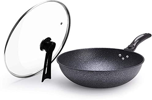 LXYDPZ Woks y sartenes para saltear con Tapa, Wok de Hierro para cocinas eléctricas, de inducción y de Gas, sartén para saltear de Alta Resistencia, Wok Chino pre-sazonado con Fondo Plano