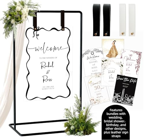 Wedding Sign Holder, Adjustable Welcome to Our Wedding Sign Stand W/Design Bundle & Leather Sign Hanging Straps, Heavy Duty Easel Stand for Sign, Wedding Seating Chart Stand, Easel for Display (Black)