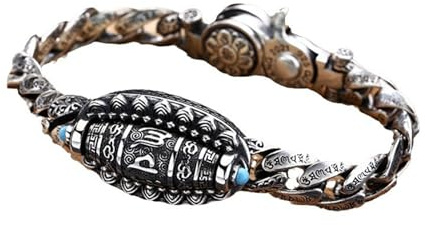 BnMvF Bracelet porte-bonheur mantra tibétain en argent à six caractères, bracelet de perles rotatives à neuf yeux, bracelet amulette porte-bonheur de méditation