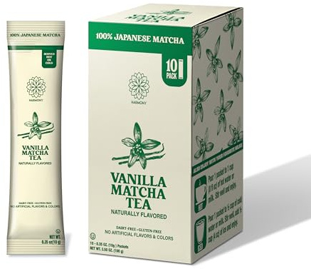 The Harmony Matcha Vanilla (10 Sticks) Premium Sweetened Japanese Matcha Powder, Rich in Antioxidants & L-Theanine, Dairy, Gluten, & Preservative Free, Serve Hot or Iced