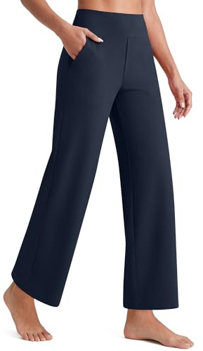 G4Free Wide Leg Trousers for Women UK Ankle Length Yoga Pants with Pockets High Waisted Petite Stretch Trousers Short Leg Casual Travel Dress Pants(Dark Navy,S,27.5)