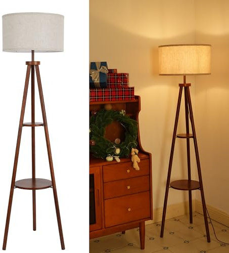 LuminexDesigns Lámpara de Pie Trípode de Madera con Repisa, Vintage Rústica Retro en Nogal con Pantalla de Tela, Interruptor de Pie, 154cm, E27, para Salón, Dormitorio y Rincón de Lectura