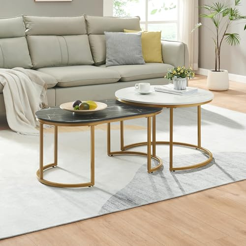 [en.casa] Couchtisch 2er Set Oppeerg Beistelltisch Wohnzimmertisch mit Metallgestell Satztisch Sofatisch Marmoroptik, schwarz-weiß/Gold