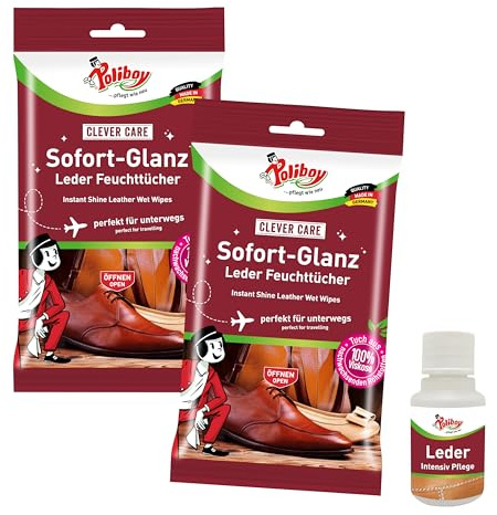 Poliboy, salviettine umidificate per la pulizia della pelle per i viaggi, per scarpe e borse, cura immediata con effetto lucido, 2 x 10 salviette, con campione di prodotto, Made in Germany