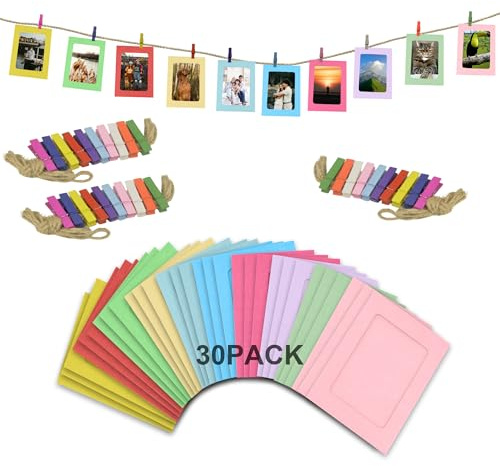30-pack flerfärgade pappersfotoramar som mäter 10 x 15 cm med hängande snöre och pinnar för fotobanderoll, display och evenemangsdekorationer