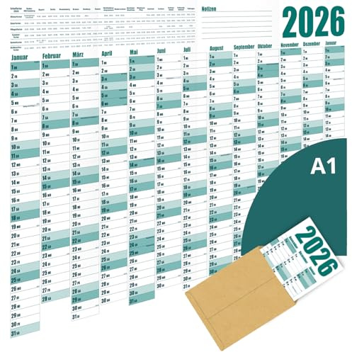 Jahresplaner Wandkalender 2026 Türkis - DIN A1 Wandplaner - Großer XXL Jahreskalender gefaltet - mit Feiertage und Schulferienübersicht - optimale Jahresplanung und Urlaubsplaner
