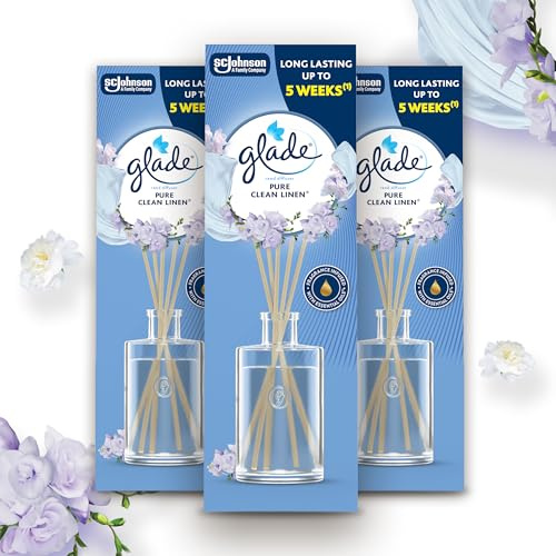 Glade Bâtonnets - Diffuseur de Parfum aux Huiles Essentielles - Sans Parabens - Longue Durée Jusqu'à 5 Semaines - Pure Clean Linen- 3 Diffuseurs x50ml