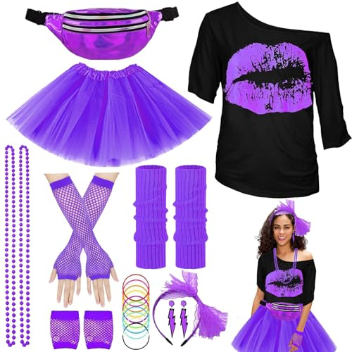 YOUYIKE 80er Jahre Outfit Damen Set S/M/L/XL/XXL, T-Shirt, Gürteltasche, Tutu, Stirnband, Halskette, Ohrring, Netzhandschuhe, 80er jahre accessoires Neon Thema Party, für Halloween Karneval
