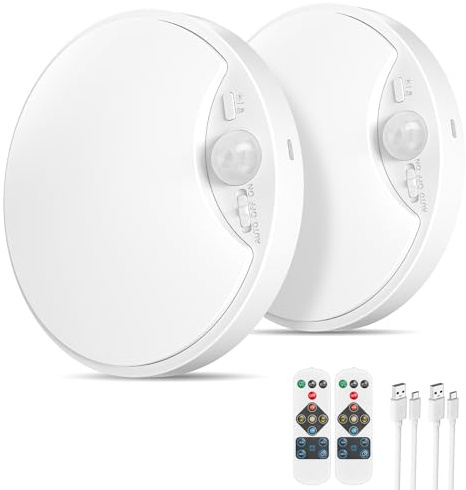 2 lámparas de techo recargables con detector de movimiento, 10000 mAh, batería LED, lámpara de techo interior, USB, luz inalámbrica con mando a distancia, redondo, 3 colores, regulable, para baño