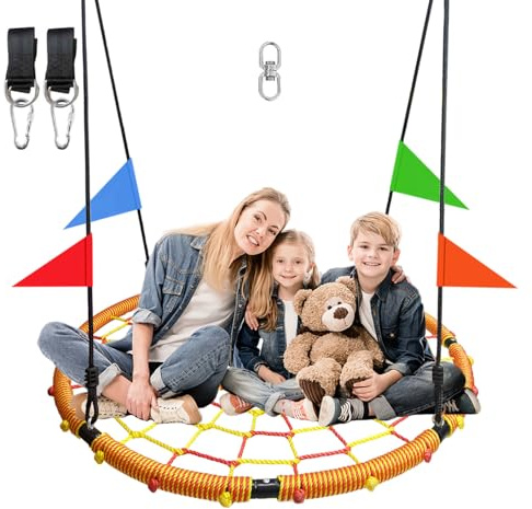 43 Spider Web Swing,Tree Swing for Kids Outdoor,Outdoor Large Web Swings，900Lb Weight Capacity, with 71 Detachable Nylon Rope Swivel，for Backyard, Playground (Red-Yellow) (43in)