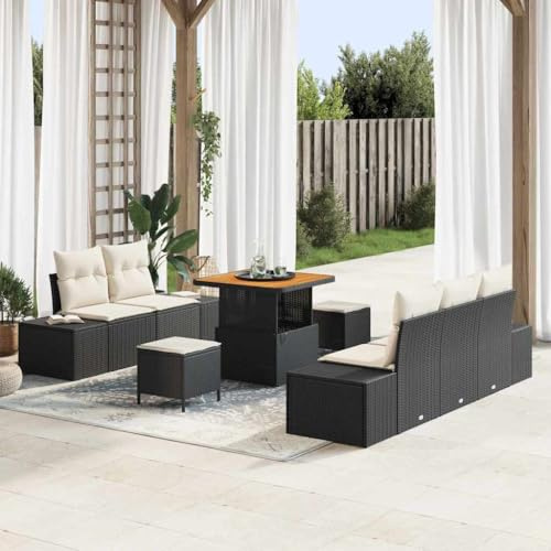Teenpull Garten-Sofa-Set 8-teilig Schwarz Creme, modulares Poly-Rattan-Loungemöbel mit Polsterauflagen, Stauraum, für Terrasse, Balkon, Garten, Poolbereich
