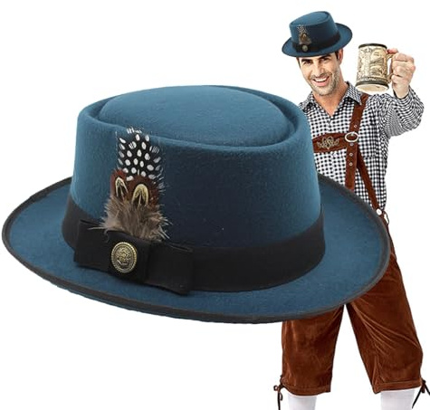Sombrero de disfraz de Oktoberfest Baviera, melón negro - Sombreros Oktoberfest para hombre | Accesorios de disfraz Oktoberfest con plumas, emblemas multiusos para adultos para hombres y
