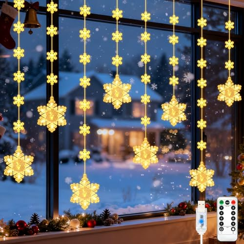 Lichterkette Schneeflocken Fenster Weihnachtsdeko, 2M 8+40 Schneeflocken Lichtervorhang mit USB Betrieben Fernbedienung Timer Wasserdichte Weihnachtsbeleuchtung für Fensterdeko Weihnachten-Warmweiß