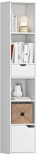 HOMCOM Bücherregal Schmal mit 6 Ebenen, Schublade, 30 x 24 x 158cm, Weiß | Verstellbare Ablage, Schranktür, Standregal, Dekoregal, Aufbewahrungsregal, Wohnzimmer, Homeoffice, Schlafzimmer