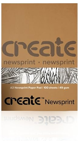 Create Blocco di carta da giornale formato A3 per disegnare, stampare, collage, cartapesta e altro, 49 g/m², carta da disegno per matita, carbone, pastello e pastelli a olio, 100 fogli