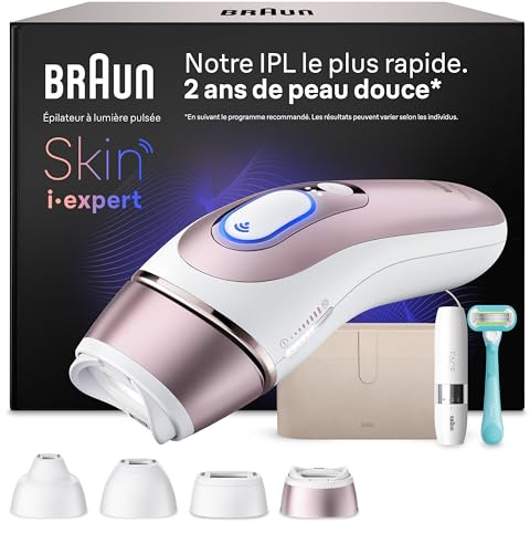 Braun Epilateur Lumiere Pulsee Intelligent Skin i·expert PL7442, Blanc et Rose – Alternative au Laser à Domicile, Filaire, avec Pochette, Rasoir Gillette Venus, 4 Têtes, Connecté à L’Application