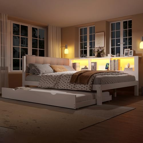 LAKFEW Cama Juvenil 140x200 con Cama Nido 90x190 cm, Cama Doble con Luz LED y Puerto USB, Camas Matrimoniales con Estante de Almacenaje, Estructura Camas para Niño y Niña, Blanco, Sin Colchón