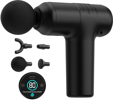 Mini Pistolet de Massage électriques Portables, Pistola de Masaje Muscular 30 niveaux et amplitude de 12 mm, léger (450 g) et < 40 dB, écran tactile, 4 embouts, USB-C