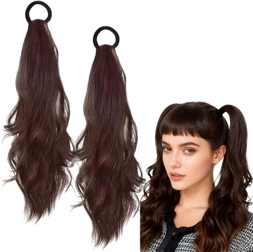 2 Stück Pferdeschwanz Haarteil, 50 cm Wavy Ponytail Extension Mit Elastischem, Braun Pferdeschwanz Haarverlängerung für Frauen (braun)