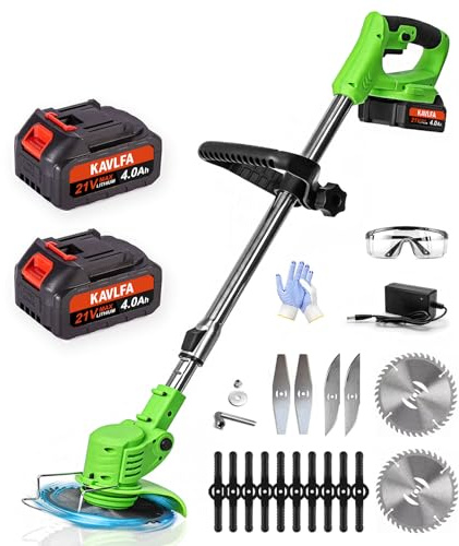 Cordless Weed Wacker, 21V Electric Weed Cordless Eater, with 2 Pcs 4.0 Ah Battery & 4 Types Blades, 4 in 1 Lightweight Stringless Brush Cutter/Grass Trimmer for Yard Garden Clearing (Green)