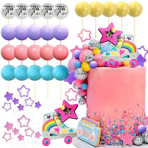 JeVenis Luxuriöser Rollschuh-Kuchenaufsatz, Rollschuh-Kuchendekoration, 80er-Jahre-Kuchenaufsatz, Discokugel-Kuchendekorationen, 90er-Jahre-Kuchenaufsätze, Skaten, Partyzubehör