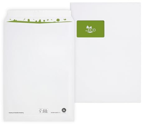 beECO Versandtaschen C4 (250 Stück) - A4 aus 100 % Recycling Papier - weiß | haftklebende Versandtasche mit Fenster - geeignet für DIN A4 - 324 x 229 mm - 100g/m² -