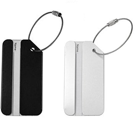 NUOLUX Aluminium Kofferanhänger 2Er Set Mit Namenskarten Und Metallschnüren Robuste Gepäckanhänger Für Reisegepäck Schwarz Und Silber 3.1X1.7 Zoll