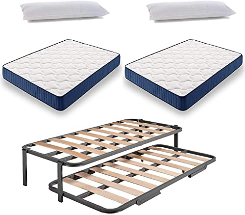 HOGAR24 ES Cama Nido Metálica Reforzada + 2 Colchones Viscoelasticos Viscorelax + 2 Almohadas De Fibra Resinada, 80x190 cm