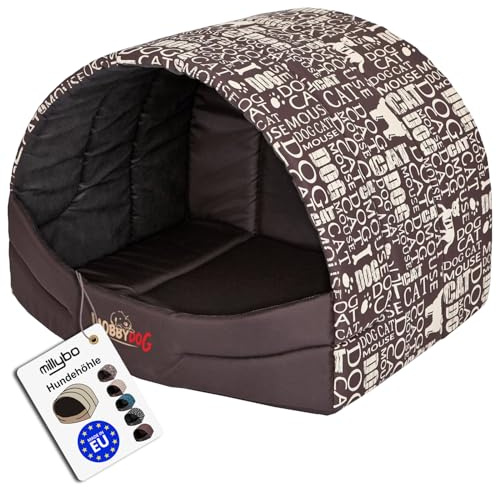 millybo Hundehütte Hundehöhle Hundebett Hundehaus S-XL (R4 (60 x 49 cm), braun mit Muster (Print))