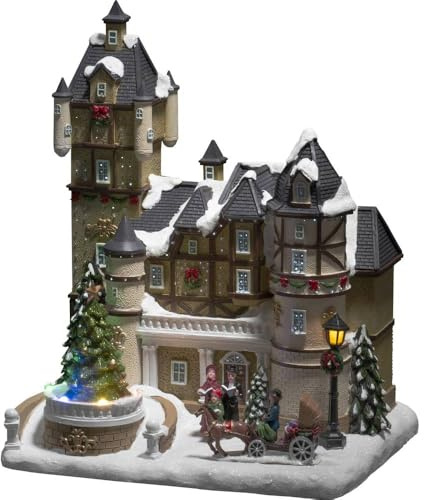 Konstsmide LED Fiberoptikhaus mit Burgszene und Weihnachtsbaum, mit Musik, 6 Bunte Dioden, 4, 5V Innentrafo/batteriebetrieben, Innen, 0,3W, schwarzes Kabel, Batterie: 3 x AA 1, 5V (exkl.) - 4232-000