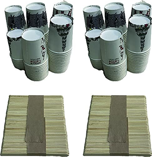 160 Vasos Carton Desechables para Café Espresso 110 ml (4 Oz) con 200 Agitadores de Madera Gratis Para Llevar
